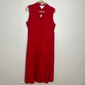 VTG Linen Retro Womens Red Sleeveless Button Front Midi Dress Extra Large XL